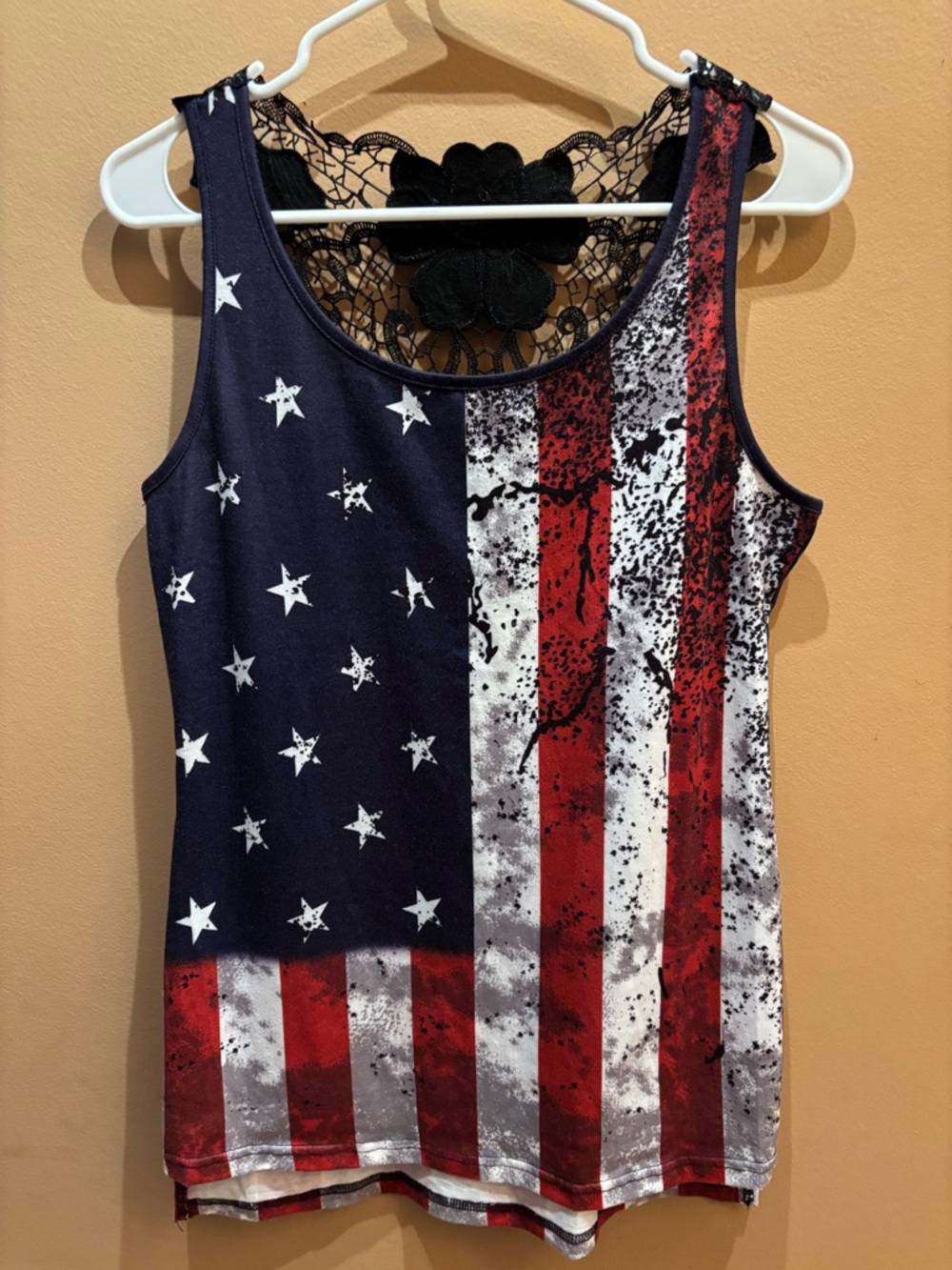 American flag patriotic print tank top a lace cutout back design Size Medium - Picture 2 of 7